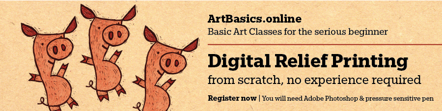 Image showing three pigs created in the style of digital relief printing. It is a promotion to sign up for a digital illustration class.
